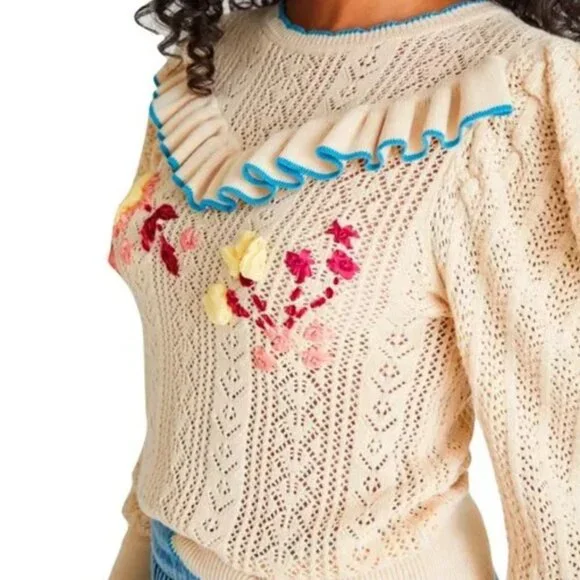 NWT LoveShackFancy Rennley Knit Sweater in Beige M $326 - Picture 2 of 8